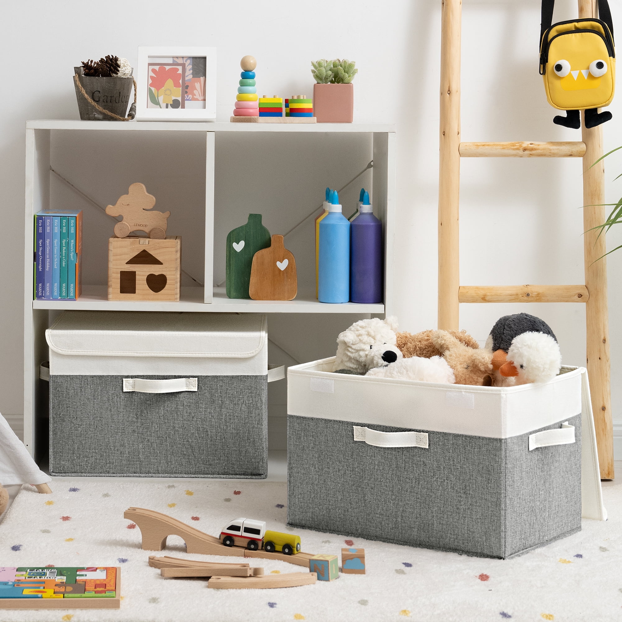 Granny Says Collapsible Storage Bins with Lids, Decorative Storage Basket for Shelves, Toy, Closet, White&Gray, 2-Pack