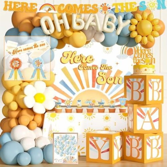 Boho Baby Shower Decorations – 119 PCs Boys Here Comes the Sun Baby Shower Party Supplies with Backdrop, Tablecloth, Balloon Garland, Boxes, Sash, Badges, Banner, Foil Balloon, Poster