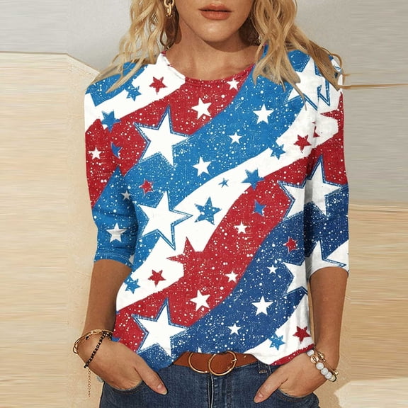 Cavosen American Flag Tops for Women 4th of July 3/4 Sleeve Crewneck Tops American Flag Print T Shirts Lady XL Red White and Blue Casual Tops Funny Patriotic Tunic Tees 2025 Patriotic Clothes