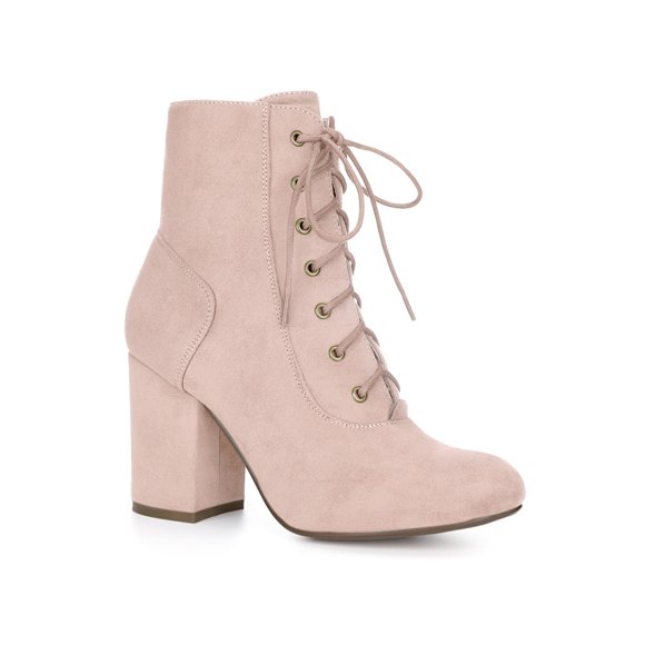 Unique Bargains Women's Lace Up Chunky Heel Ankle Booties DustPink US 9