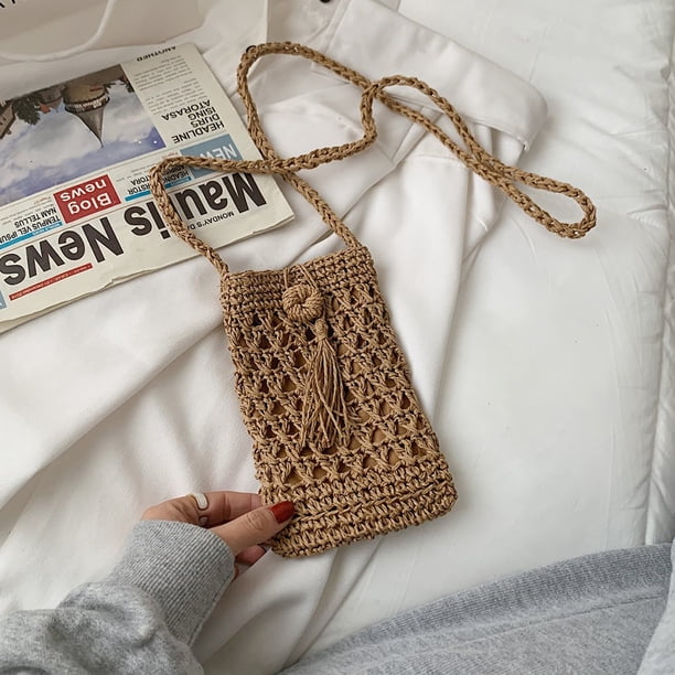 Bolso Mini para teléfono de vacaciones de cuerda vintage para mujer, bandoleras de hombro tejidas con paja