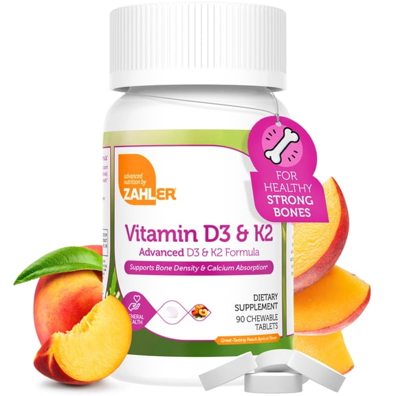Zahler Vitamin D3 & K2, Peach Apricot, Chewable Tablets for Adults, Immune Support, Bone Density & Calcium Absorption, Kosher Supplement