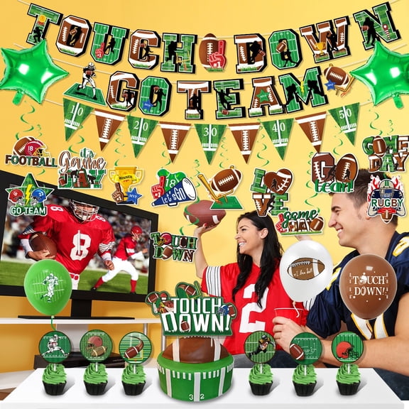 YAYUBA Football Party Decorations Kit Durable Cardstock Football Party Supplies Game Time Football Theme Paper Banner Triangle Flags Touch Down for Birthday & Game Day Sport Party