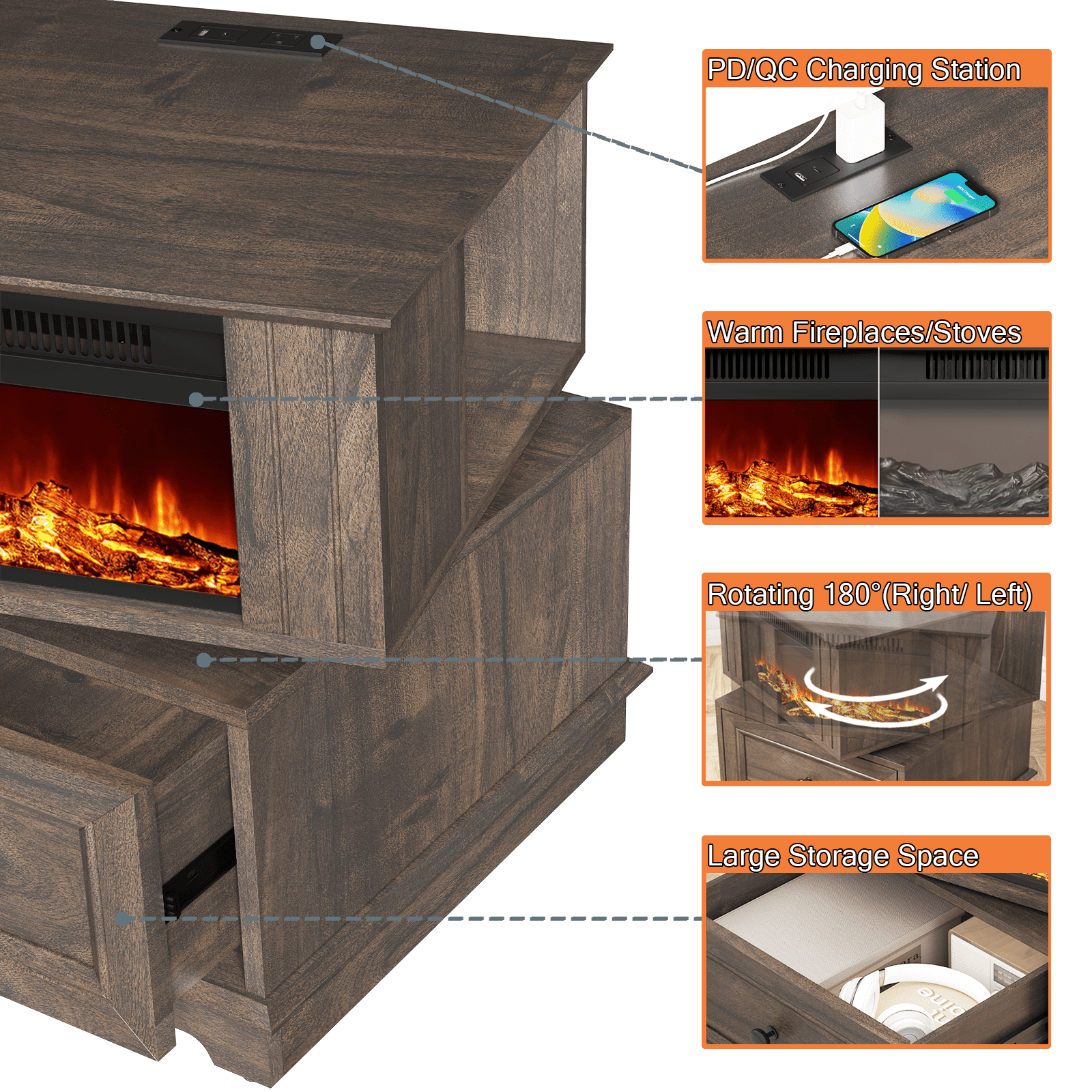 REDAYFUR Rotating End Table with 13" Electric Fireplace Screens, Side Table with Fast Charging Station, 1400W Fireplace Wooden Side Table for Living Room|Bedroom|Office, Brown