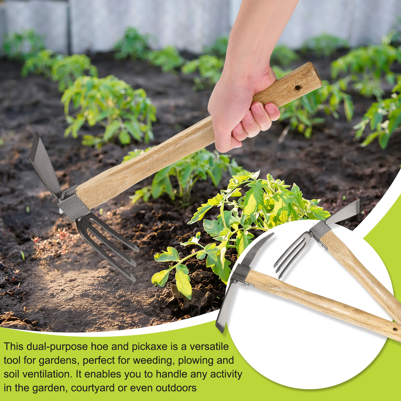 2 PCS Garden Hoe Tools, 15 Inches Stainless Steel Cultivator Hand Tiller and Hand Pick Axe with Solid Wood Handle, Pick Mattock Hoe for Digging/Weeding/Gardening/Planting