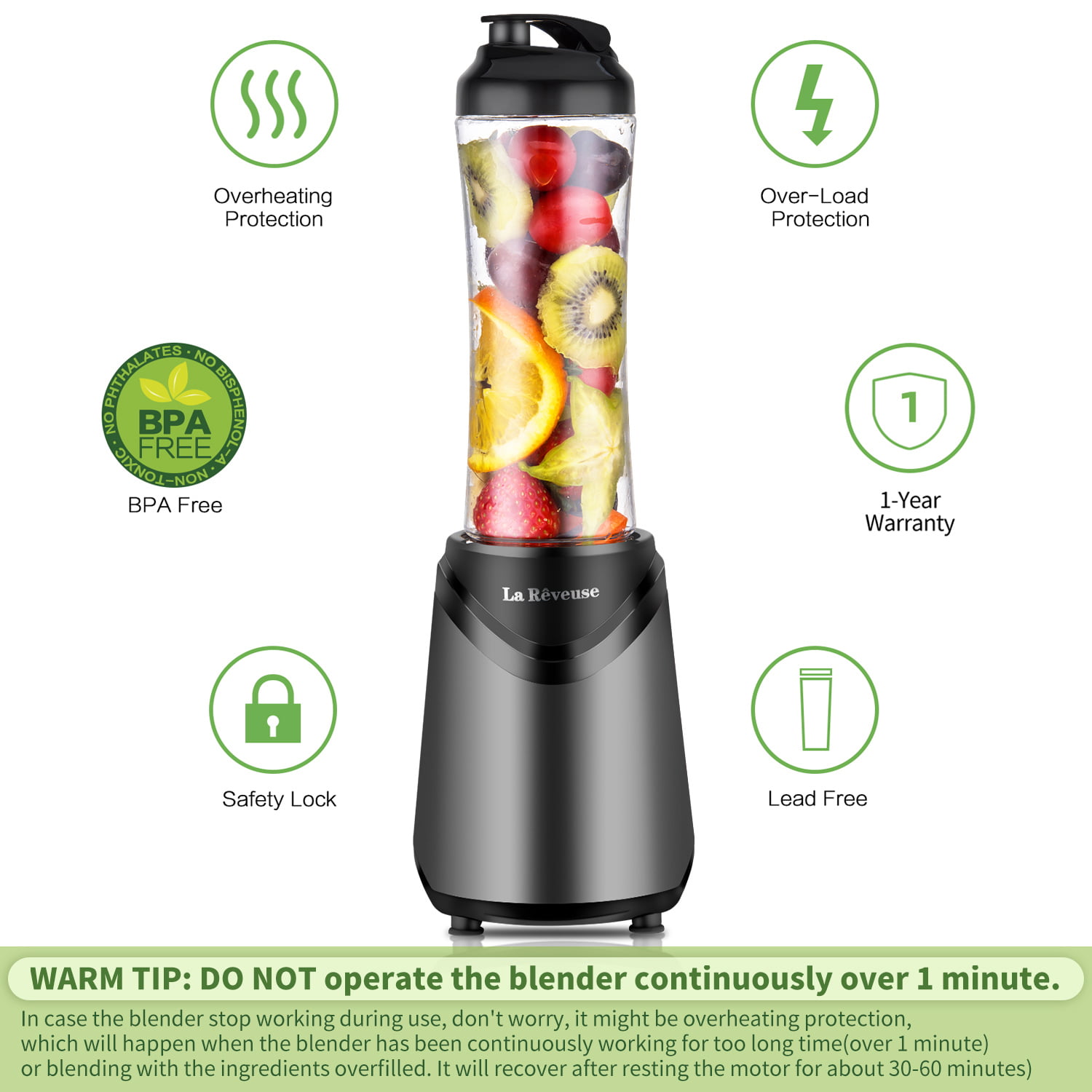 La Reveuse Personal Blender With Travel Lid BPA Free - 18oz