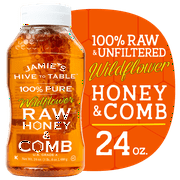 local - jamie's hive to table, 100% local wildflower honey raw & unfiltered honey with honeycomb, 24 oz