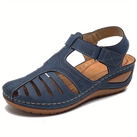 

Women‘s Cut-out Wedge Heeled Sandals Solid Color Round Toe Ankle Hook & Loop Strap Sandals Outdoor Casual Non-slip Shoes