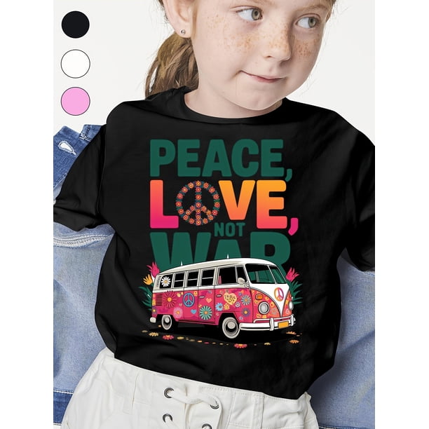 Girls' Retro Hippie Graphic Tee - Peace, Love & War Design with Colorful Van Illustration - Soft Cotton, Loose Fit, Short Sleeve - Perfect for Spring & Summer Outdoor Fun
