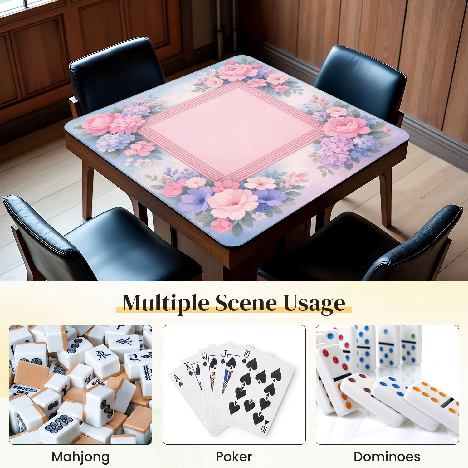Mahjong Mat 31.5" x 31.5" Pink Purple Floral Frame Greek Key Border Soft Pastel Non-Slip Noise Reduction Mahjong Tiles Table Cover for Dominoes Poker Card Board and Tile Games