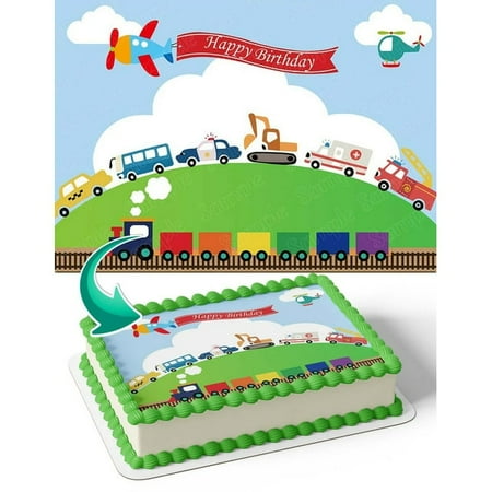 SugarMeLicious Plane Train Police Edible Cake Topper Image for 1/4 Sheet Cake: Personalized Birthday Banner for Kids Parties and Transportation Themed Celebrations
