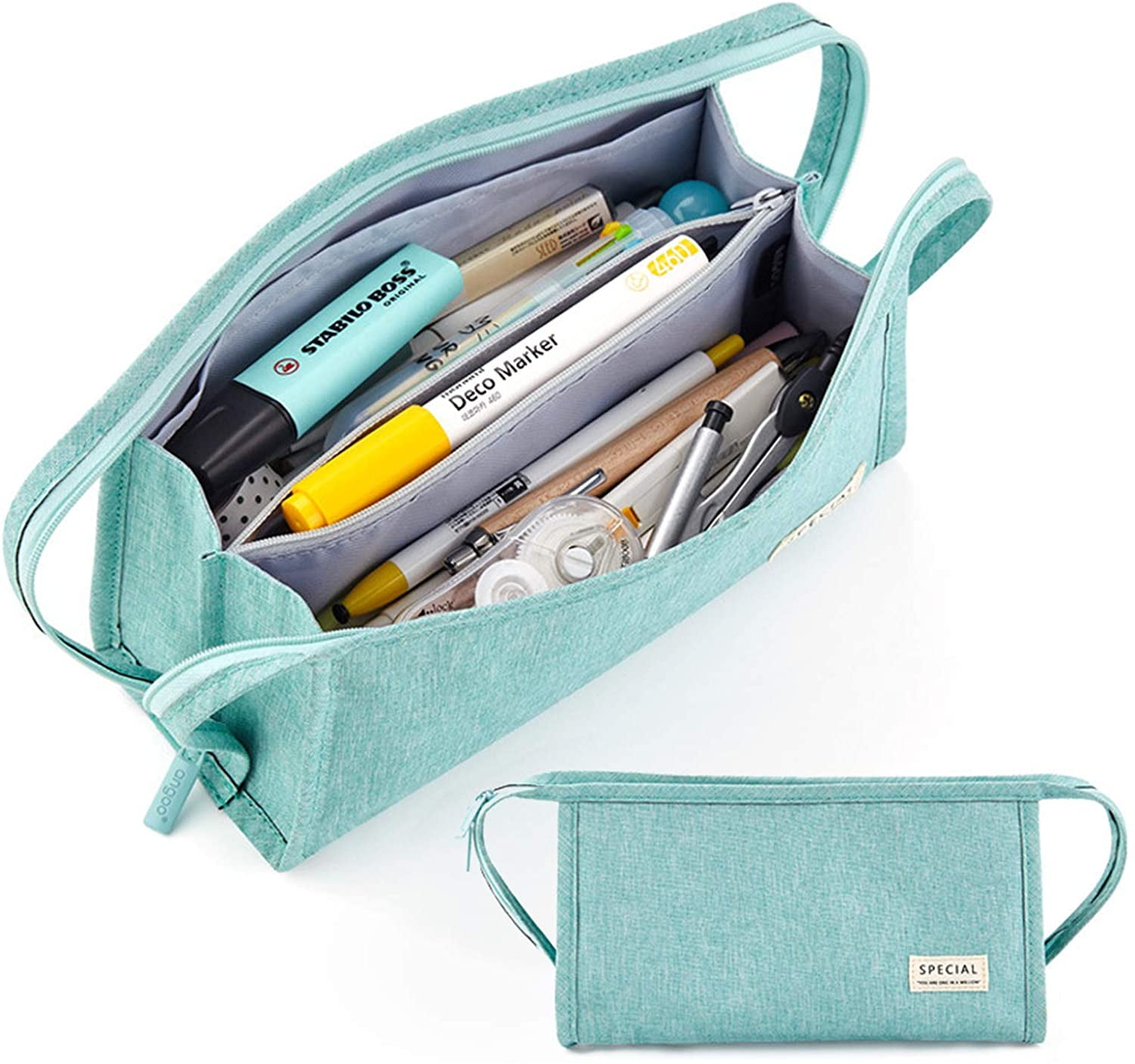 Multifunctional Pen Bag Holder for Men and Women Large Opening Pencil Bag Pouch Box Organizer with 3 Compartments Big Capacity Pencil Pen Case with Handle Green 