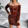 thumbnail image 3 of Gibobby Vestidos de noche cortos Camisas de suéter para mujer Manga larga Ligero Cuello cuadrado Fuera del hombro Vestido de tubo fruncido de color sólido(Marrón,G), 3 of 5