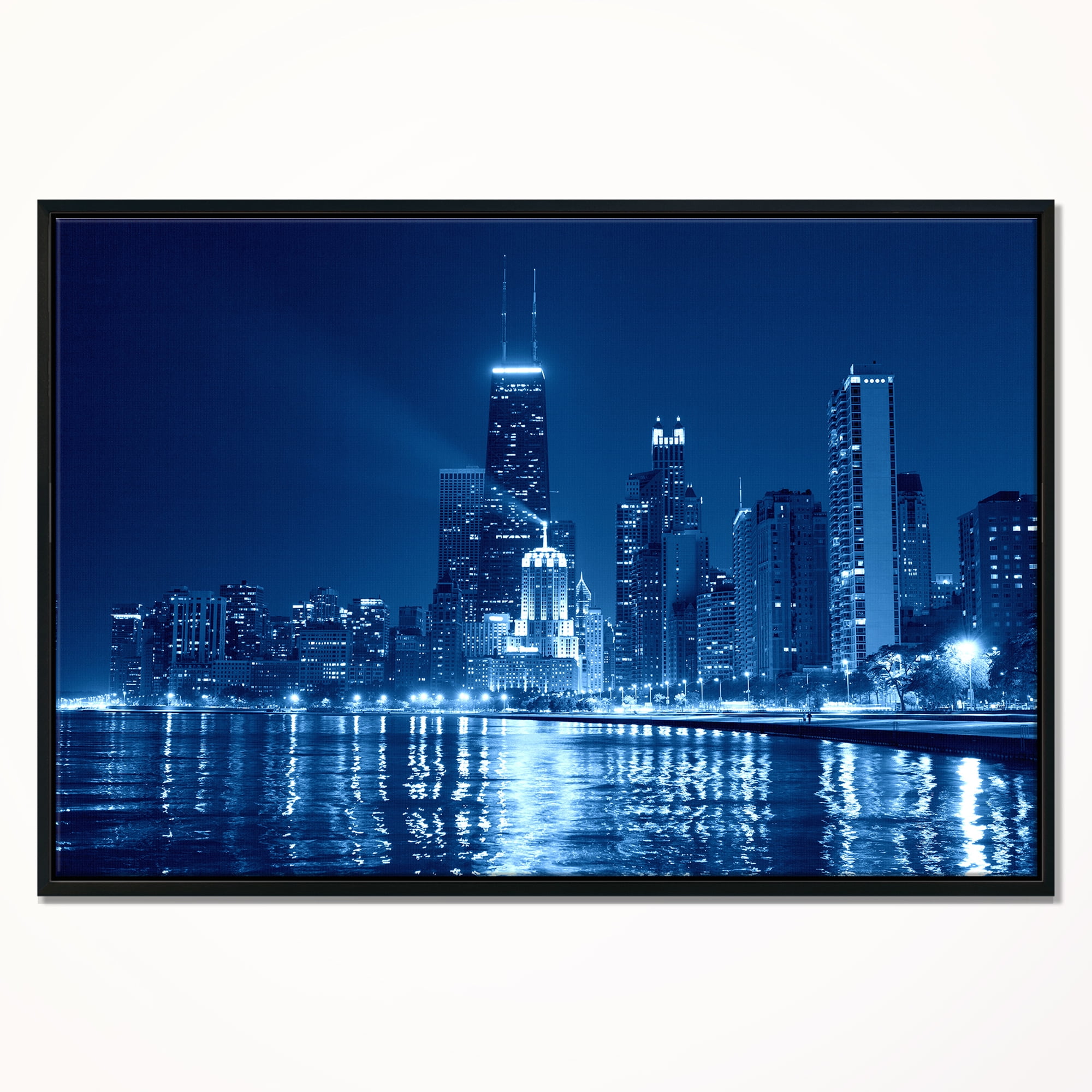 Design Art Nuit De Chicago Bleu  Sur Toile Encadrée