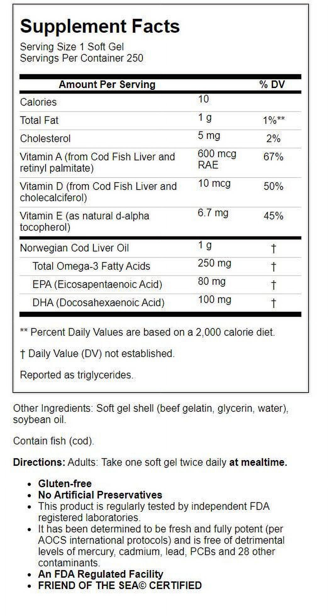 Carlson - Cod Liver Oil Gems, Super 1000 mg, 250 mg Omega-3s + A & D3, Norwegian, Wild Caught, 250 Softgels - image 2 of 2