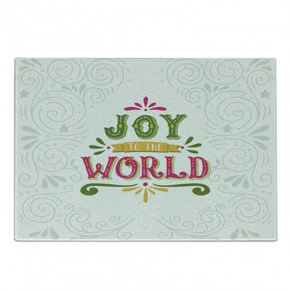 Joy Cutting Board, Joy to World Lettering with Geometrical Lines Swirls and Curlicues Pattern Xmas Theme, Decorative Tempered Glass Cutting and Serving Board, Small Size, Multicolor, by Ambesonne