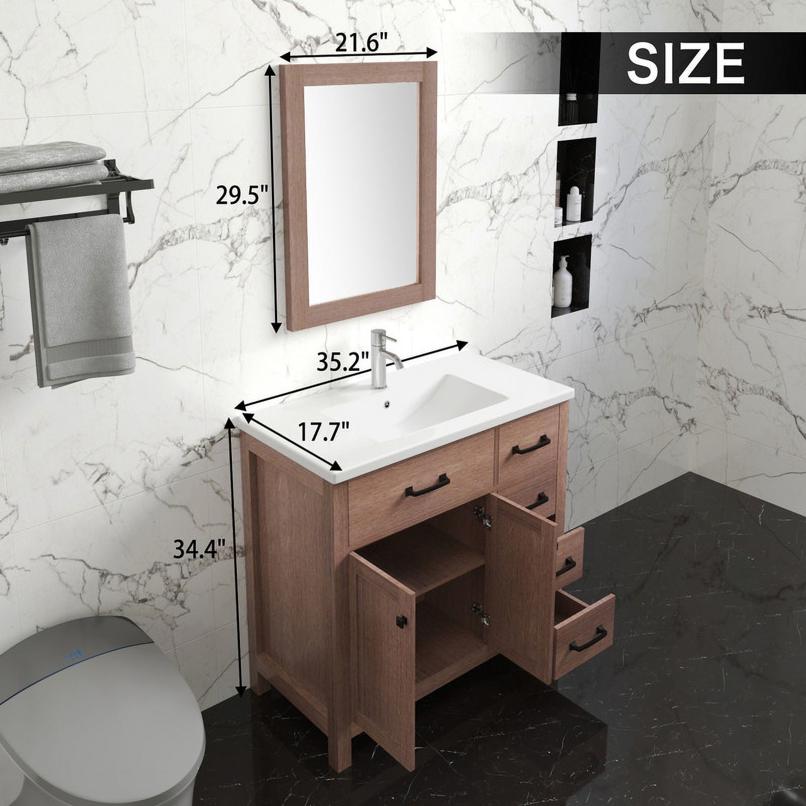 Wonline 36" Luxurious Bathroom Vanity Cabinet with Sink Combo Set，Undermount Ceramic Sink w/Thickened Wood,Faucet,Mirror,Brown