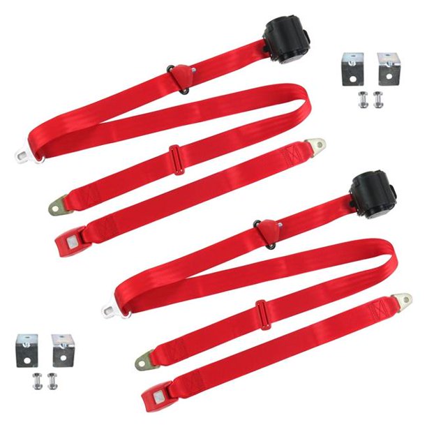 Red Retractable Bucket Seat Belt Kit with Bracketry for 19681974 Chevy Nova Standard 3 Point