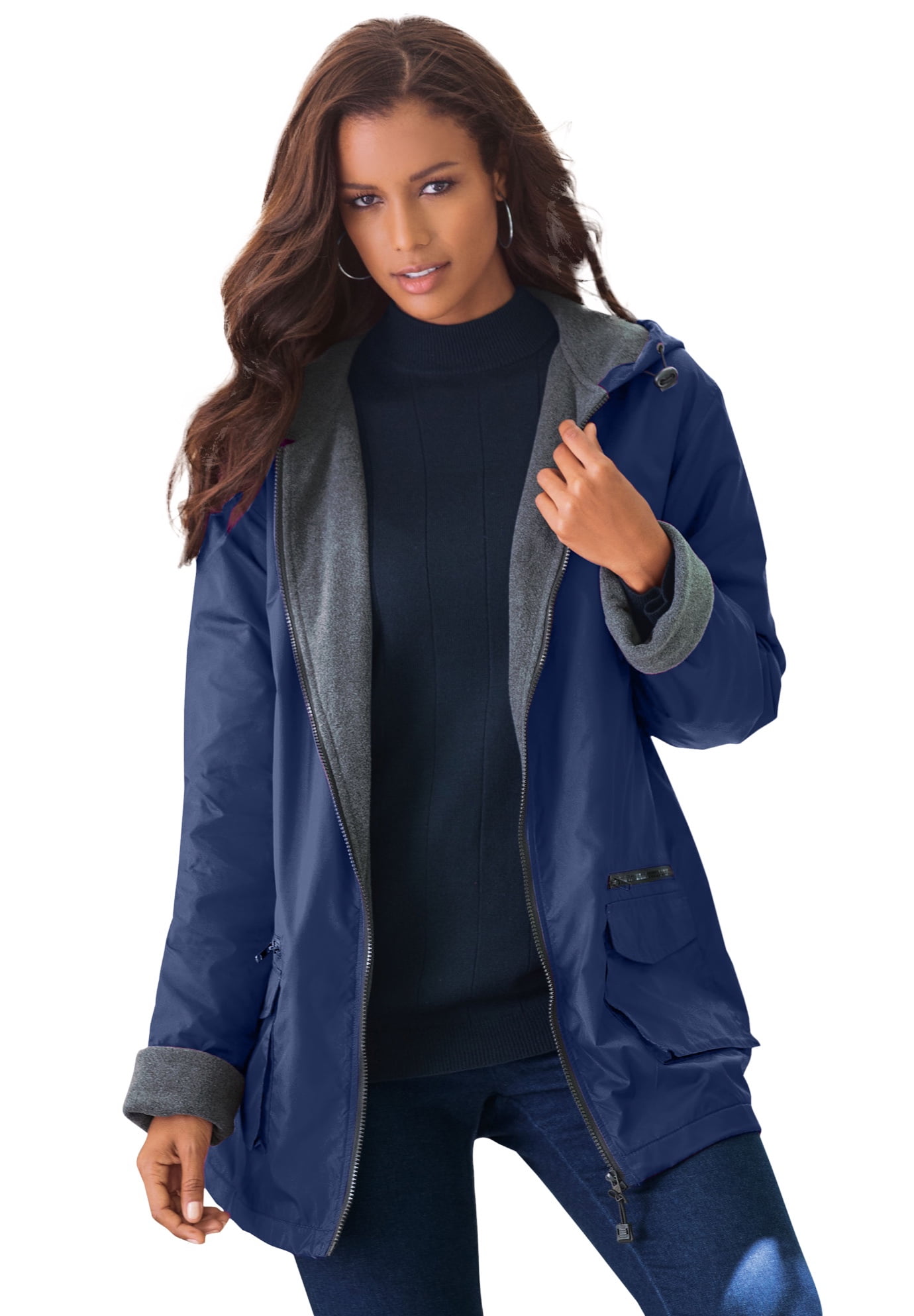 Roaman's Women's Plus Size Hooded Jacket With Fleece Lining Rain Water