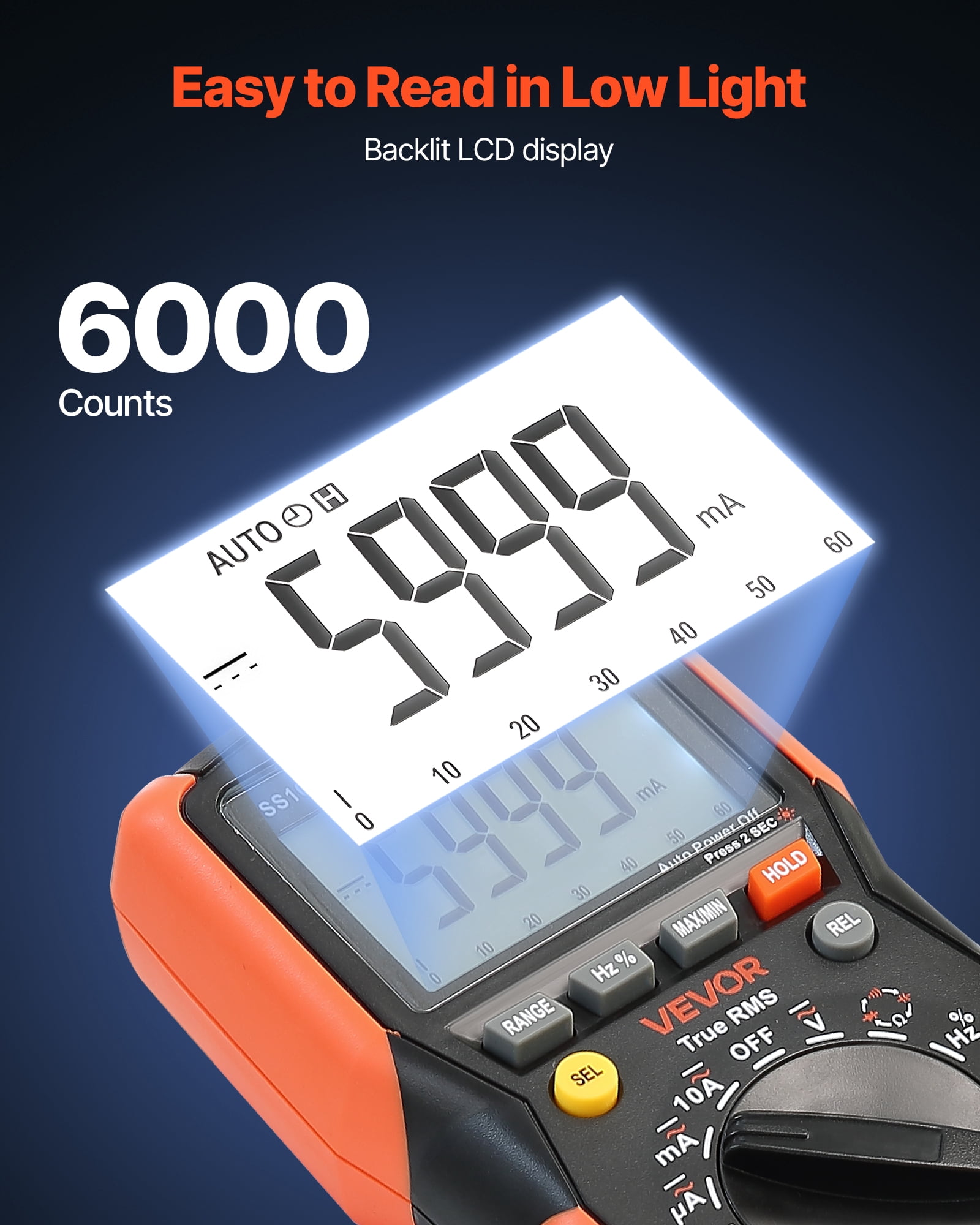 VEVOR Digital Multimeter, 6000-Count TRMS DC/AC Voltmeter Current Tester, Auto-Ranging Multimeter for Current Voltage Resistance Capacitance Temperature Diodes Continuity Low Impedance Measurment