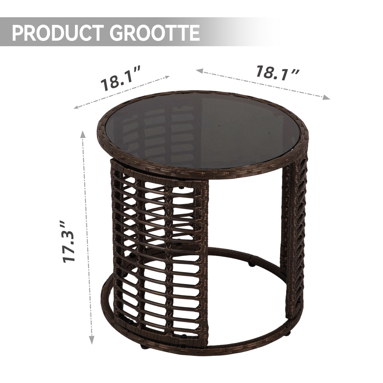 Kinbor Round Outdoor Wicker Coffee Table – Patio Side Table with Tempered Glass Top, Ottoman Style End Table for Balcony, Porch, Deck, Garden, Weather-Resistant Rattan, Easy Assembly