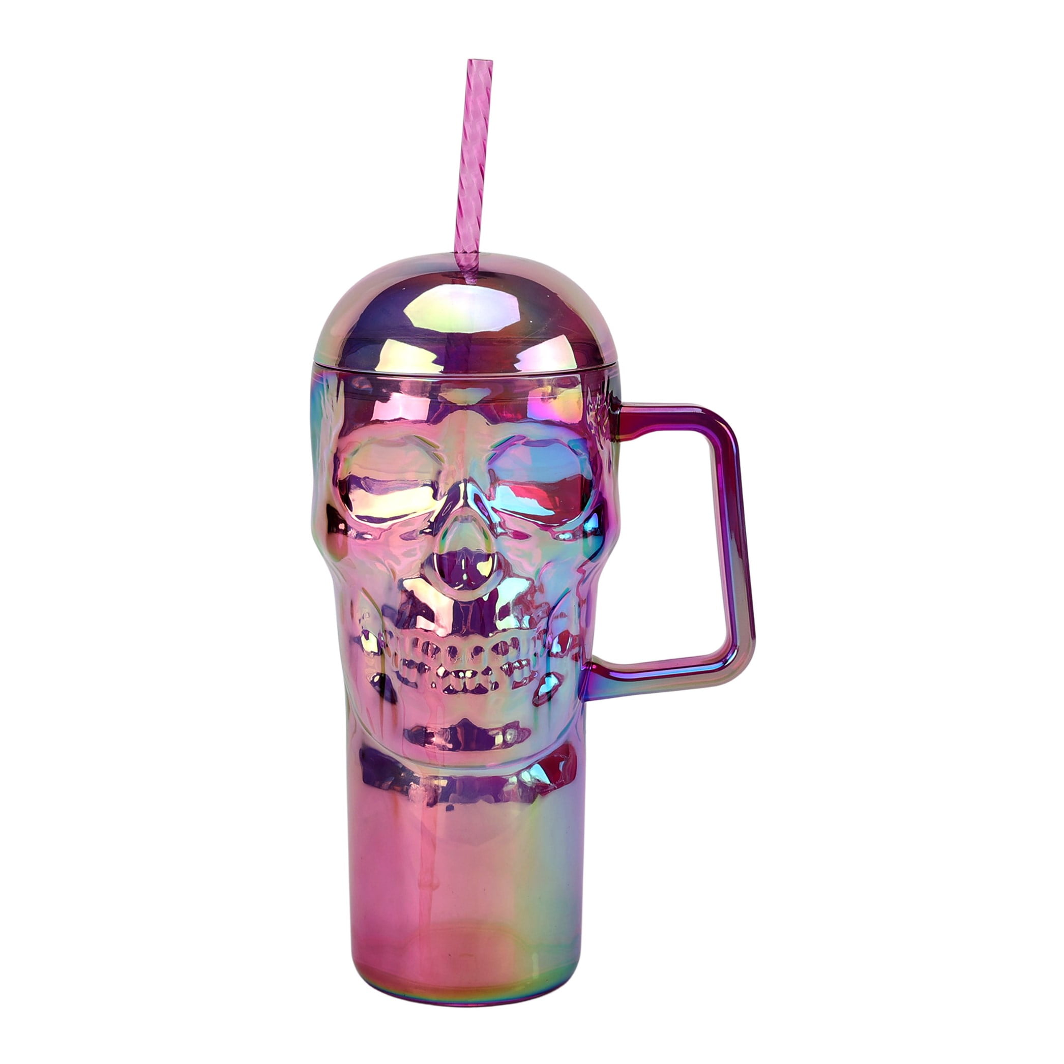 (2 pack) Way to Celebrate Halloween 30 oz Plastic Rainbow Iridescent Skull Tumbler with Straw, Purple Multicolor