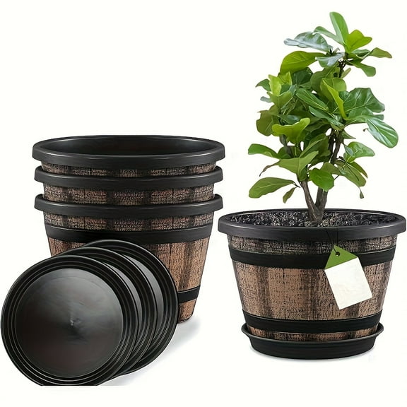 6-Pack Large Whisky Barrel Flower Pots with Drainage Holes & Trays, Brown Plastic Indoor/Outdoor Planters for Garden, Patio, Home Decor