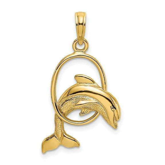 Diamond2Deal 14K Yellow Gold Dolphin Jumping Through Hoop Pendant for Women (L- 0.84 in, W- 0.69 in)