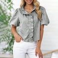 thumbnail image 2 of RongHuan Women's Ruffle Striped Shirts Summer Short Puff Sleeve Stand Collar Fashion Work Casual Loose Blouse, 2 of 8