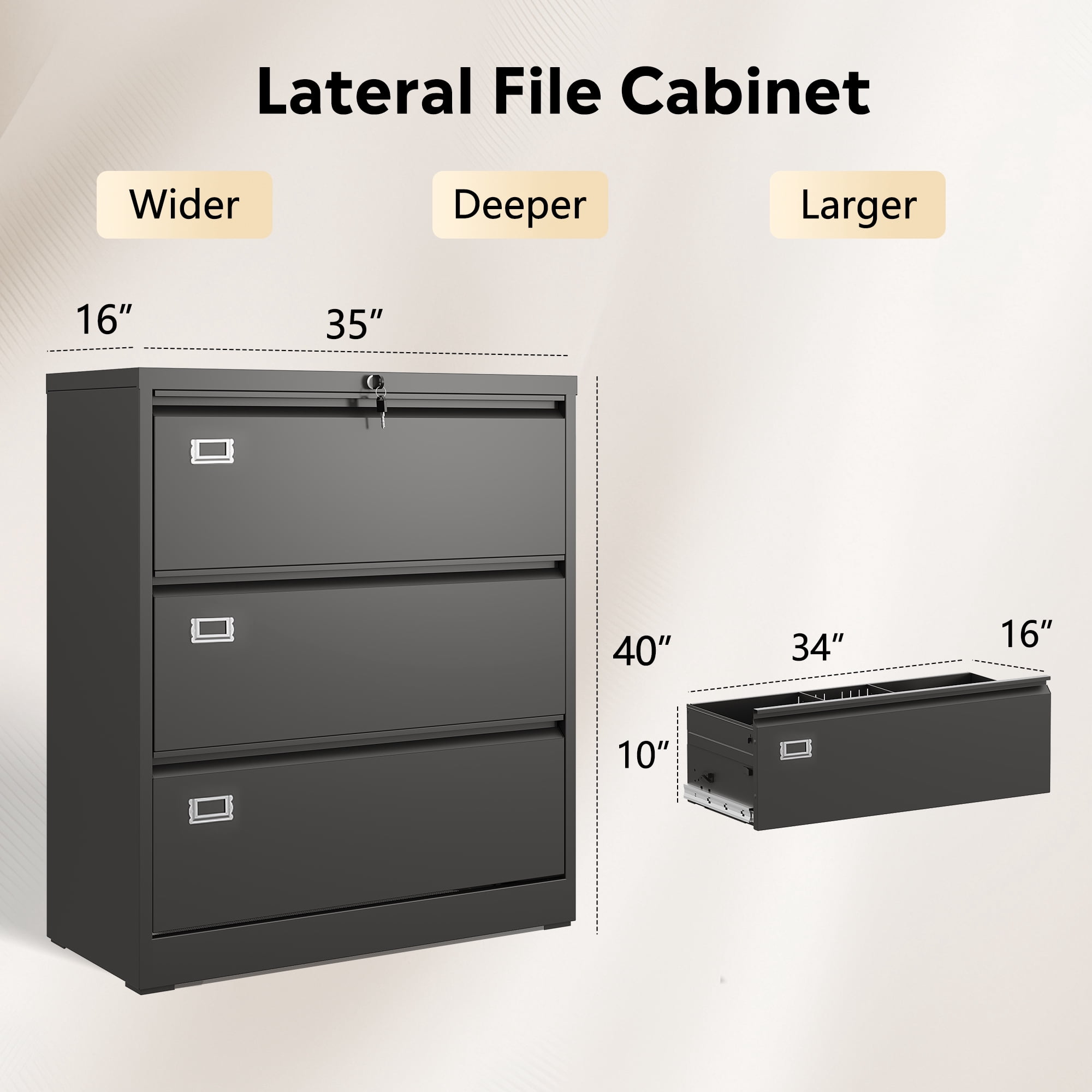 GALAXHERO Lateral File Cabinet with 3 Drawer, Metal Lockable Storage Cabinet for Home Office, Hanging Files Letter/Legal/F4/A4 Size, Black