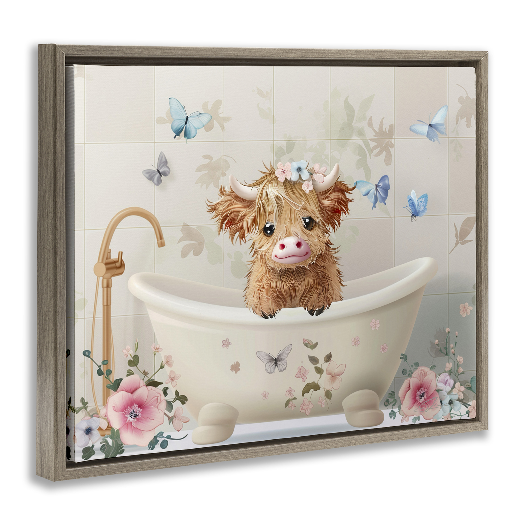 Baby Cattle in Floral Tub Brown Framed Floater Canvas Wall Art, design by Shawna Stewart