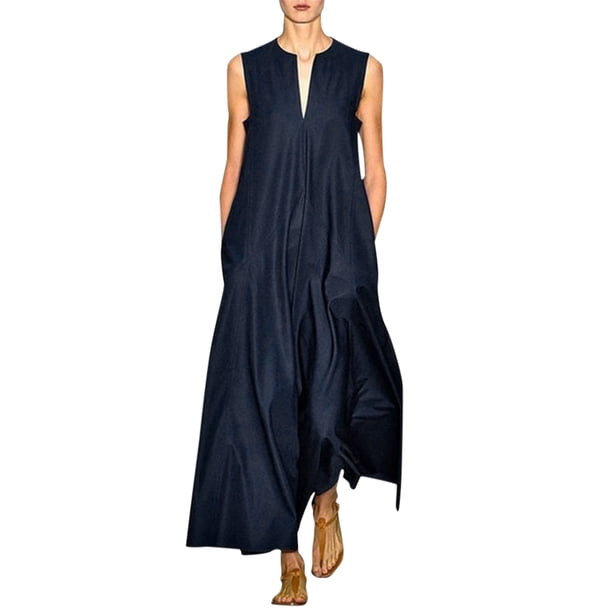 Vestido de verano vintage sin mangas de mezcla de algodón para mujer tallas grandes - Largo, estampado, informal para el día a día