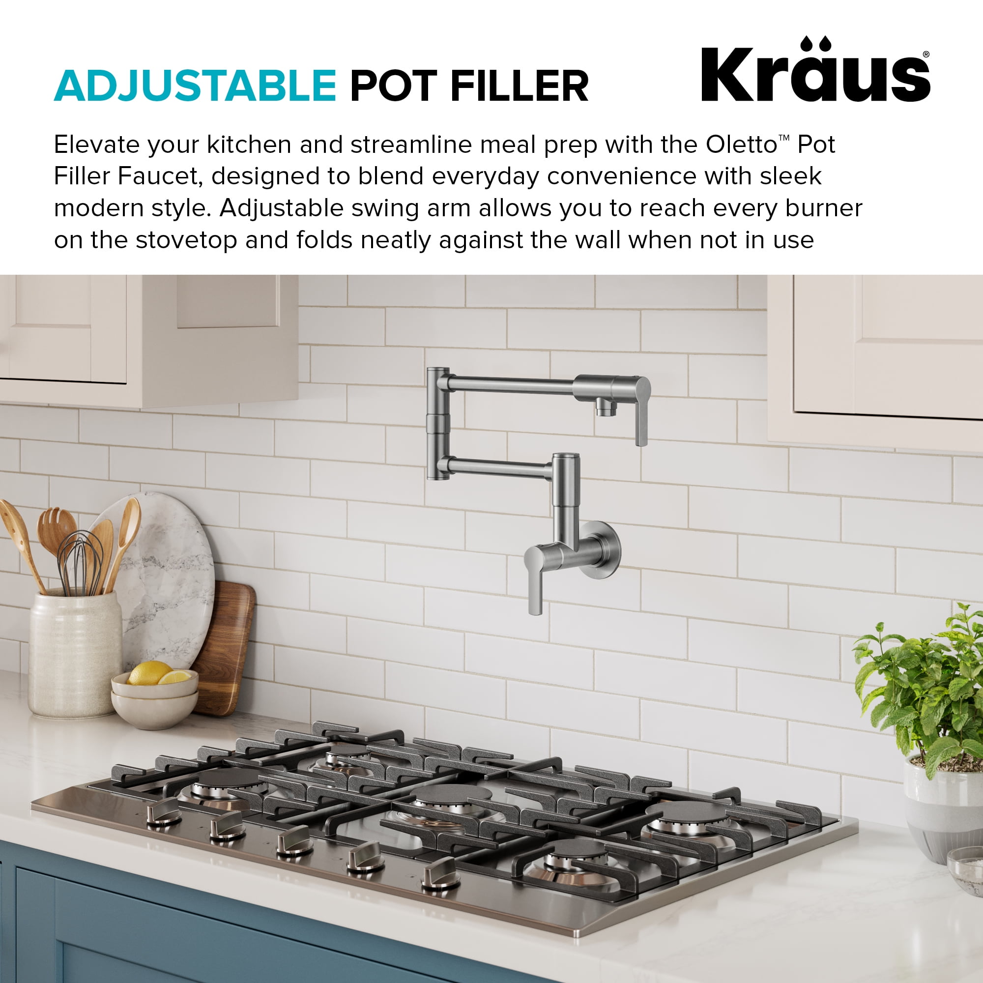 KRAUS® Oletto™ Wall Mount Pot Filler Kitchen Faucet with Retractable Arm in Spot-Free Stainless Steel