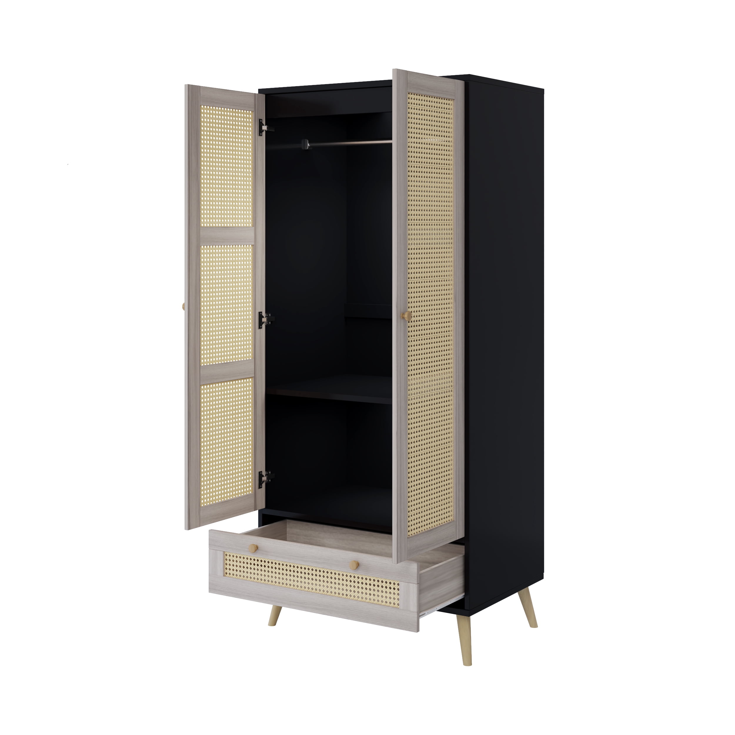 Euroco Modern 2 Door Armoire Wardrobe Closet, Rattan Clothes Cabinet with Drawer and Hanging Rod, Natural