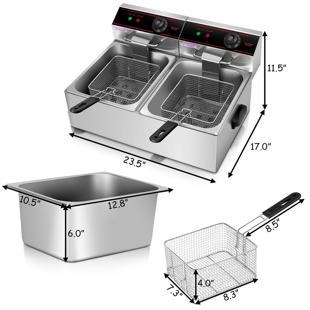 New 5000w Electric Countertop Deep Fryer Dual Tank Commercial Restaurant Steel