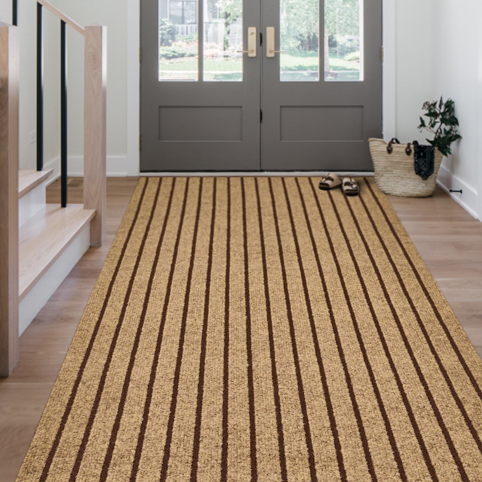 Morefany Runner Rug Non-Slip Waterproof Washable Indoor Outdoor Hallway Carpet 3ft x 8ft Brown Striped