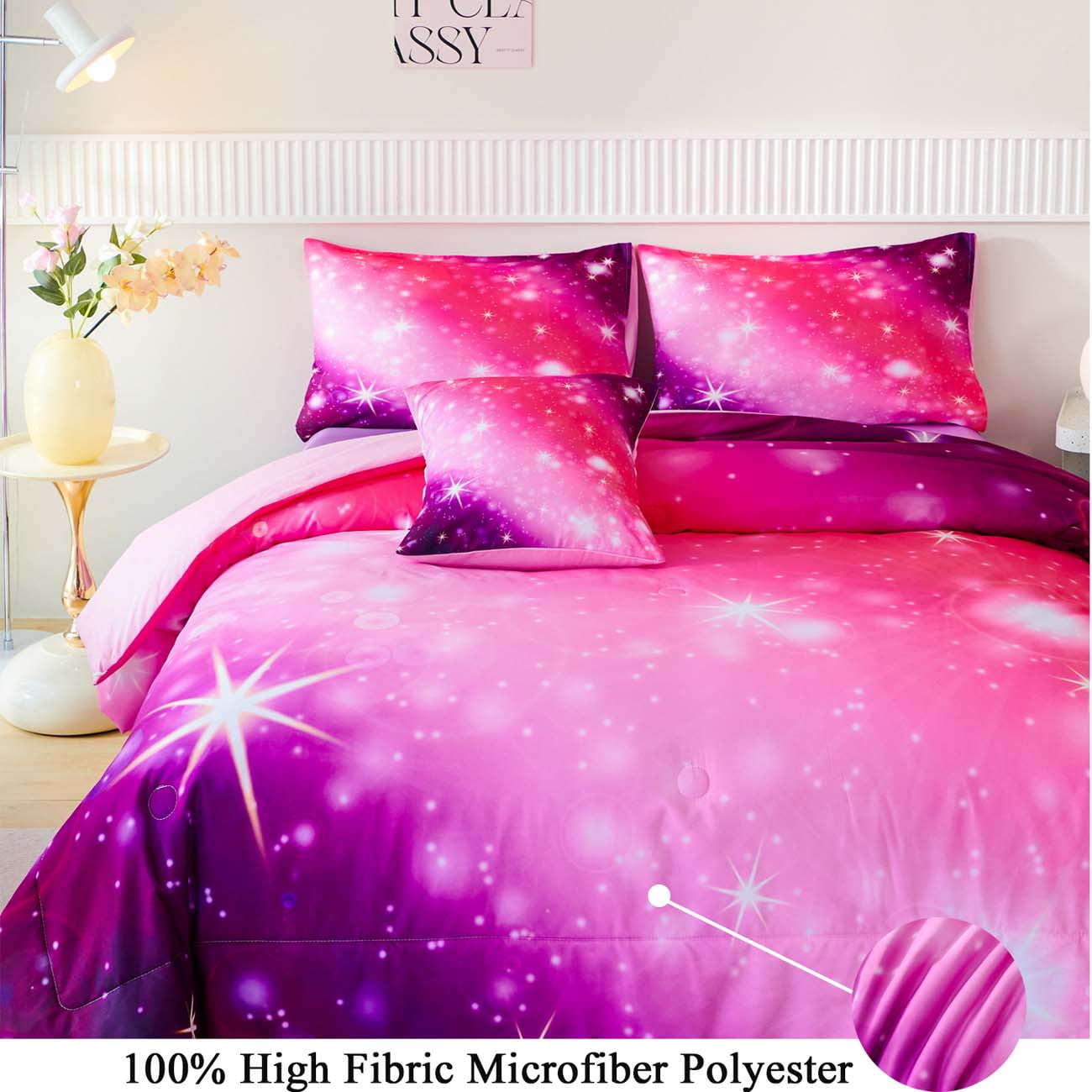 URBONUR Pink Purple Rainbow Girls Bedding Sets Full Size, 4 Pieces Gradient Glitter Comforter Set for Girls, Sparkle Galaxy Comforter Bedding Set for Toddler/Kids/Girls