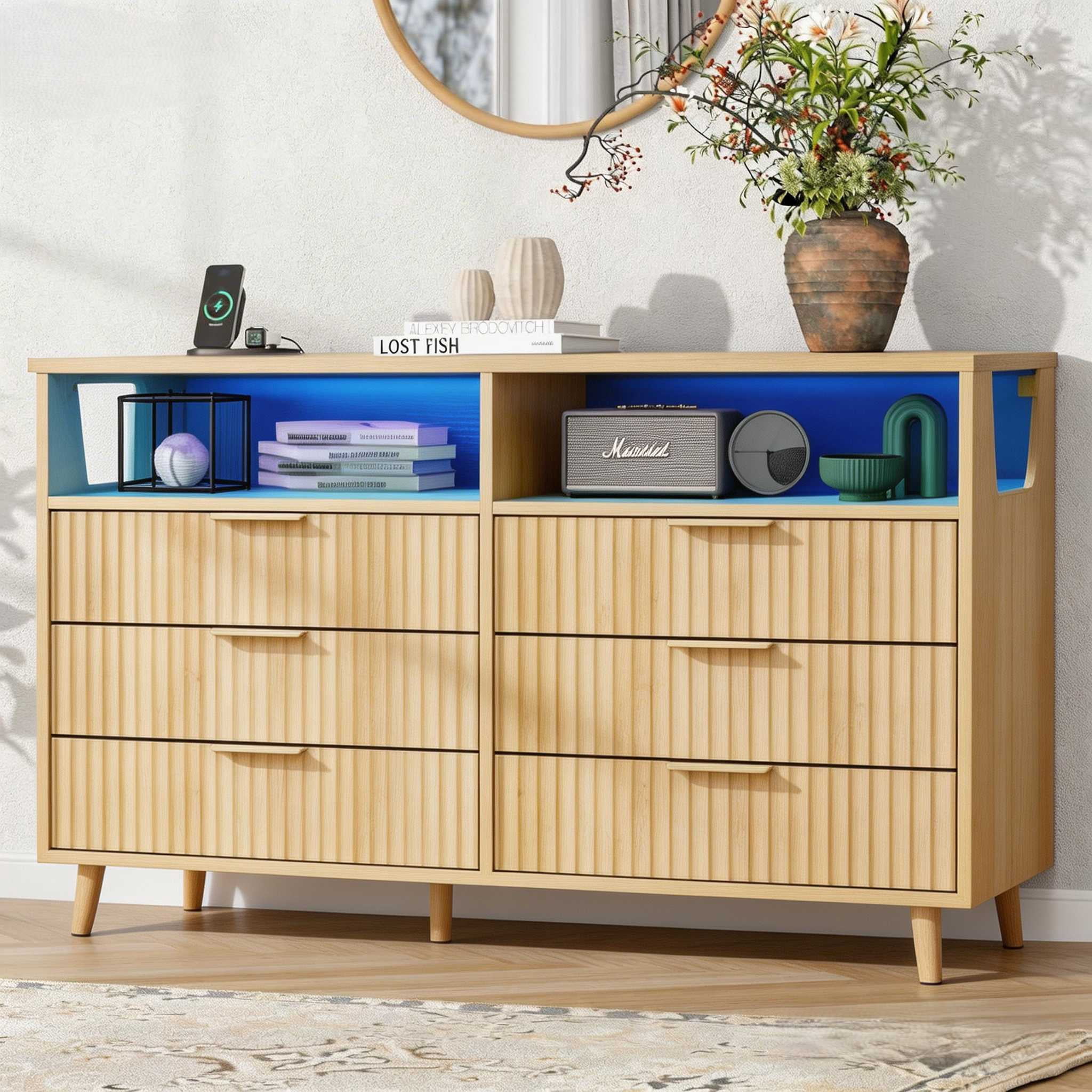 Ktaxon Fluted Dresser 6 Drawer Dresser with LED Lights Wood Chest of Drawers Storage Cabinet for Bedroom, Living Room Entryway Mid Century Oak