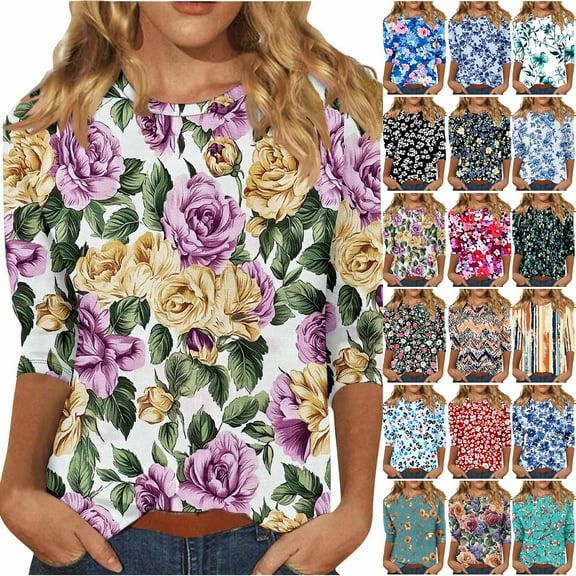 JTZGDY Plus Size Summer Tops for Women Casual 3/4 Sleeve Round Neck Floral Printed Crew Neck Tunic T-Shirts Trendy Dressy Pullover Blouse Multicolor#01 XXL