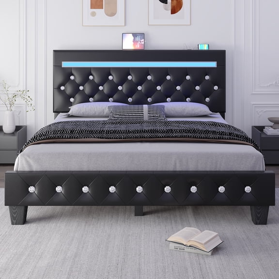 Full Size Faux Leather LED Bed Frame with Adjustable Headboard Upholstered Platform Bed with Charging Station Diamond Button Tufted Style, Black