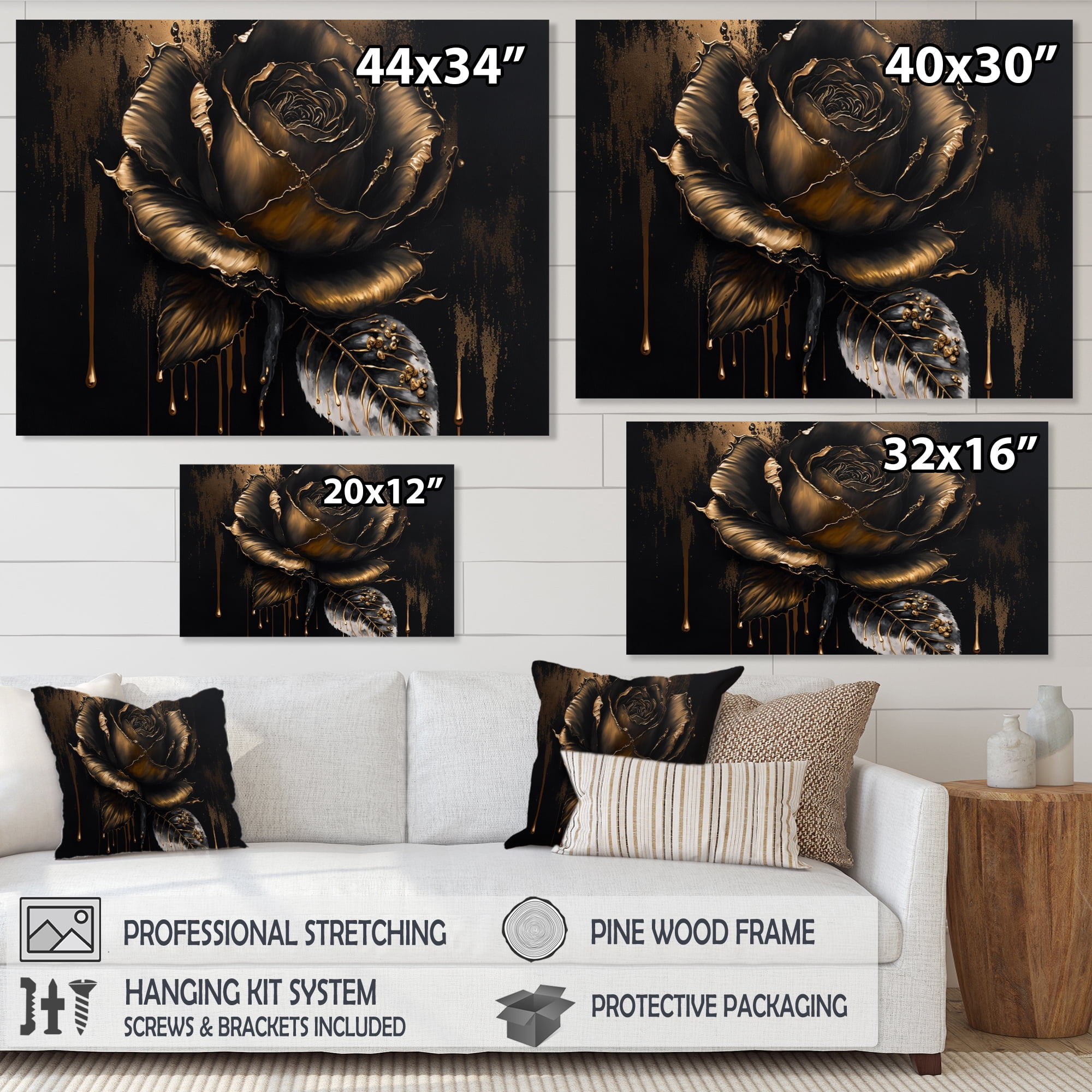 Designart Black And Gold Rose III Canvas Wall Art