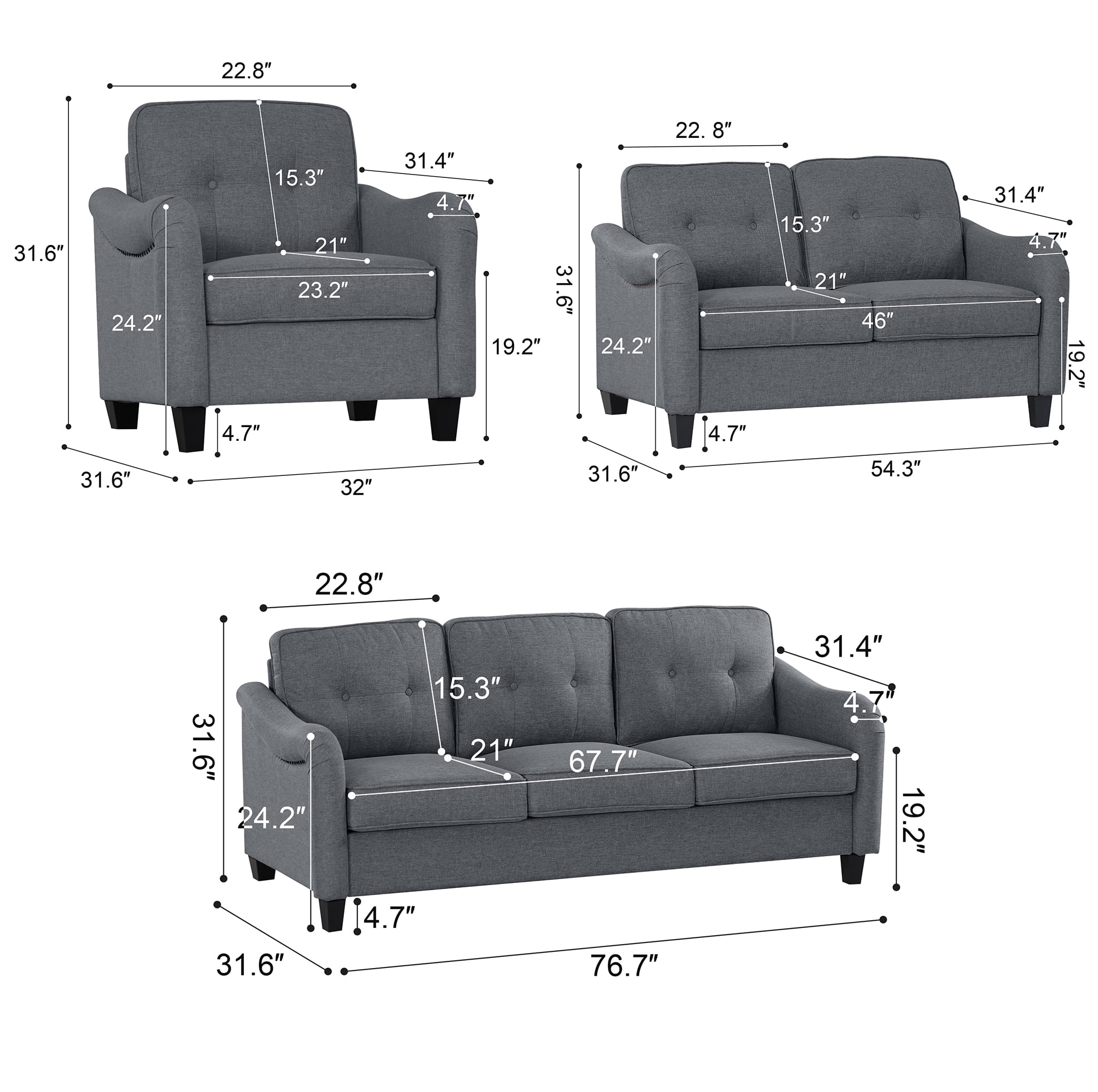 Aukfa 3 Piece Sectional Sofa Set for Living Room, Upholstered Modular Couch with 3-Seat Sofa, Loveseat & Accent Chair, Comfortable Furniture Set for Home/Apartment, Dark Gray