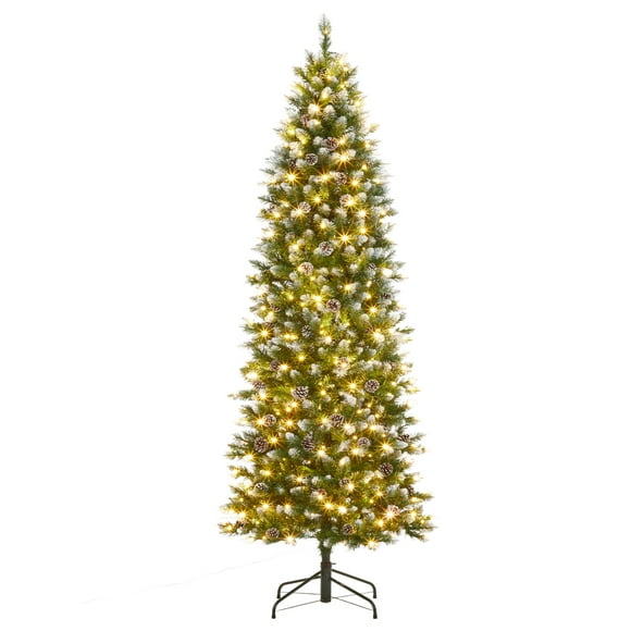Árbol de Navidad con Lápiz Artificial Flocado de Nieve de 6 Pies, Árbol de Navidad Delgado sin Iluminación con Conos de Pino, Soporte de Metal con Puntas de Ramas de PVC, para Decoración