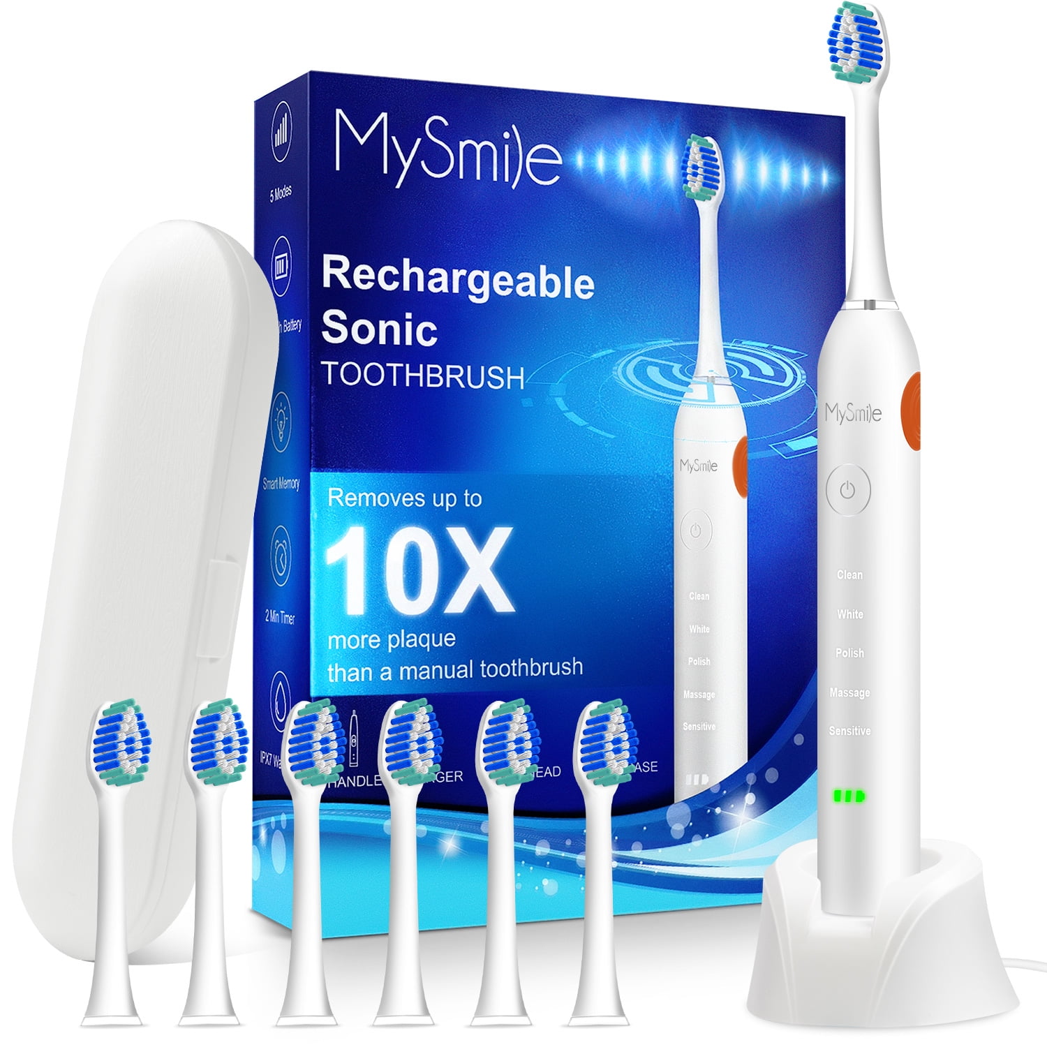 MySmile Rechargeable Sonic Electric Toothbrush for Adults, Enamel-Safe Toothbrush, 6 Replace Heads,  5 Super Vibration Deep Cleaning Modes, White