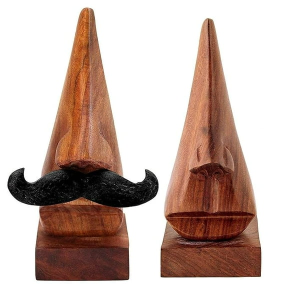 Handmade Wooden Nose Shaped Spectacle Specs Eyeglass Holder Stand with One Moustache - Set of 2