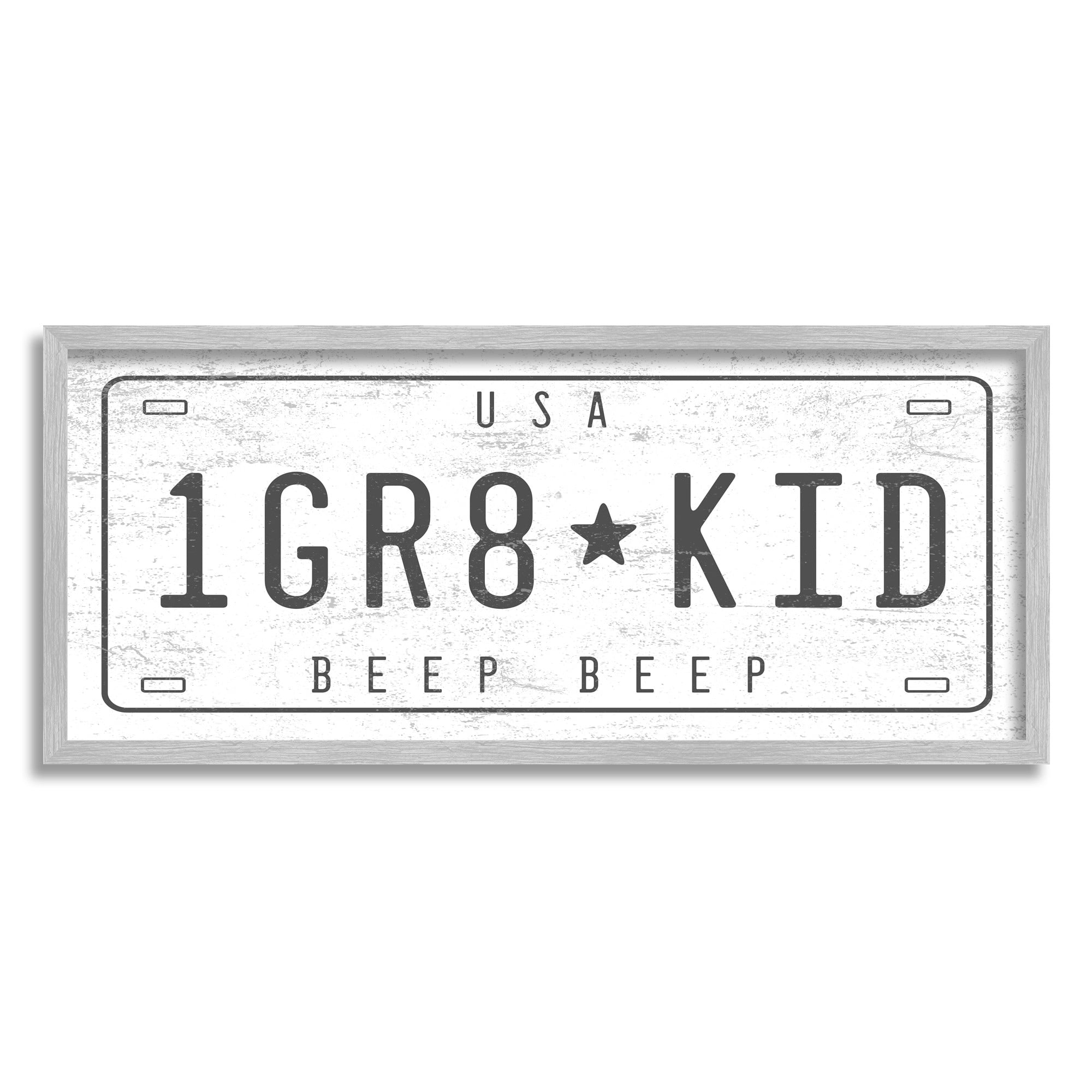 Stupell Industries One Great Kid Phrase Vintage Car License Plate Transportation Painting Black Framed Art Print Wall Art, 13 x 30