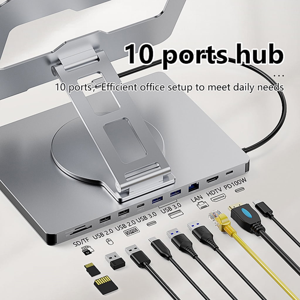 Laptop Stand and Docking Station Featuring 10 Port and 360 Degree Rotation Notebook Holder for and Home PD100W