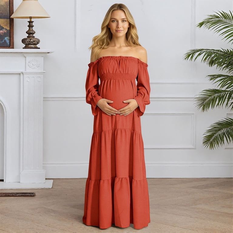 Conairie Maternity Dress for Baby Shower Photoshoot Pregnancy Summer Midi  Dress off Shoulder Long Sleeve Elegant Flowy Wedding Dress Brick Red S -  Walmart.com
