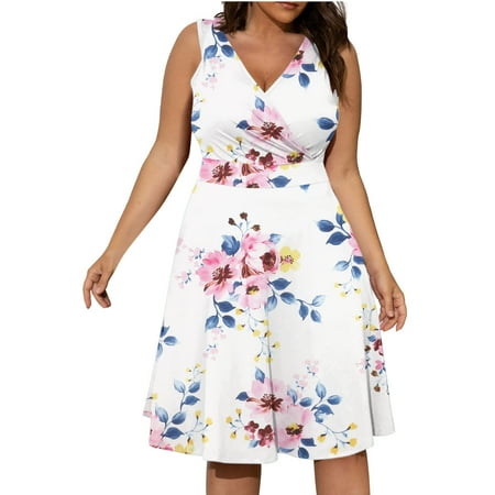 

YanHoo Women s Plus Size Dresses Sleeveless Sexy V Neck Waist Tank Dress Loose Beach Floral Print Sundress