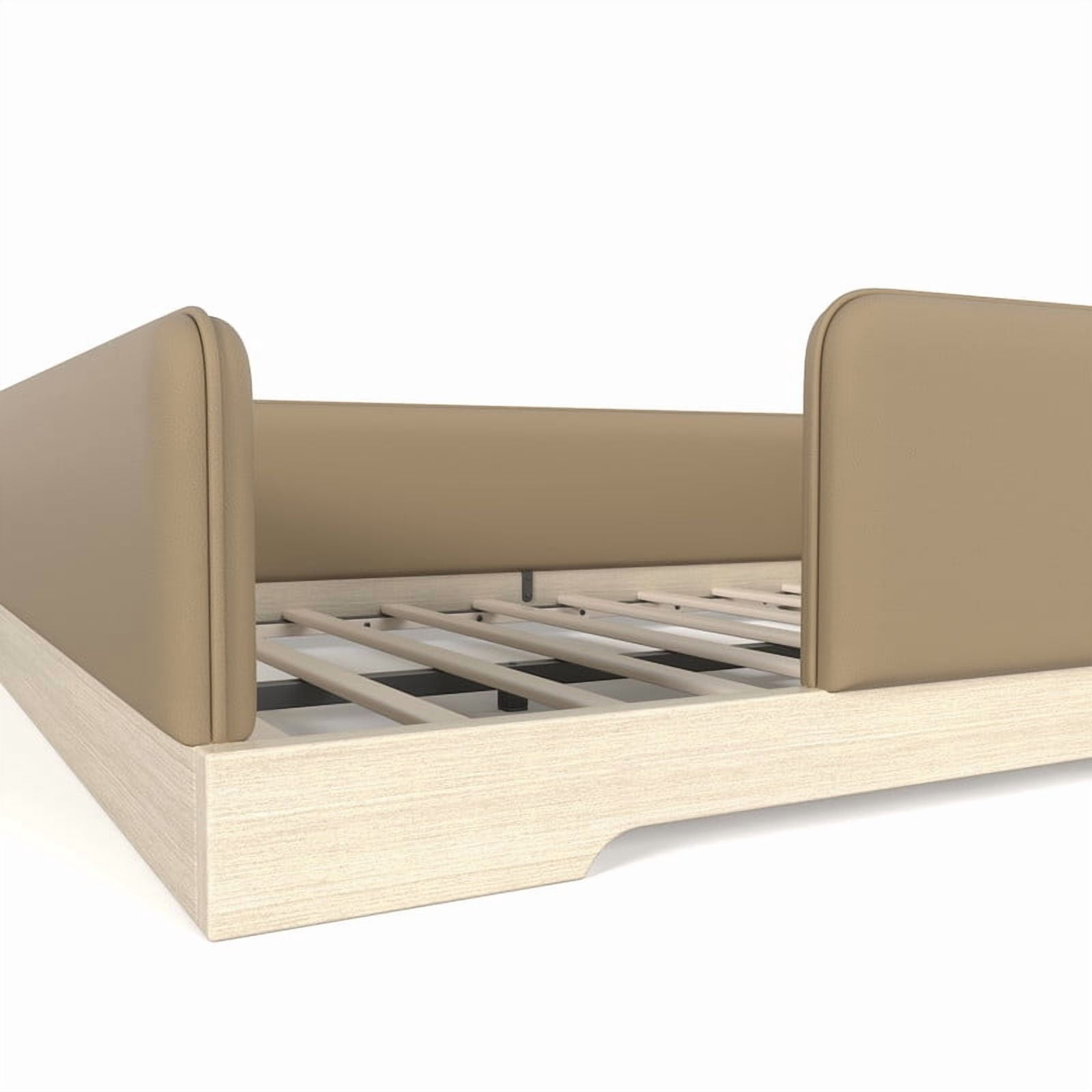 Queen Size Faux Leather Upholstered Floor Bed, Kids Montessori Bed Frame with Removable Guardrail, Low Profile Platform Bed